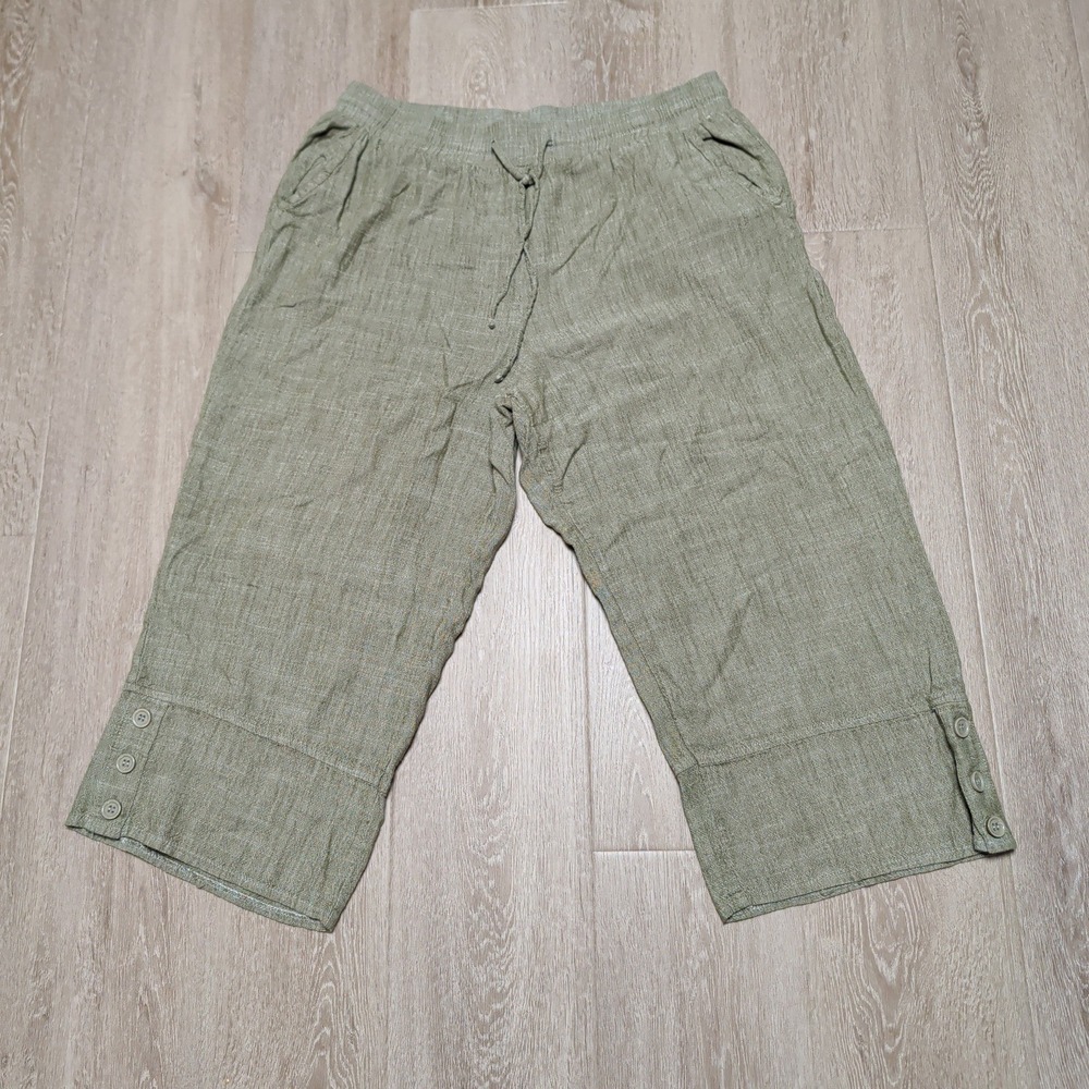 Royalty For Me Womens XL Olive Green Linen Blend Cropped Wide Leg Pants Boho